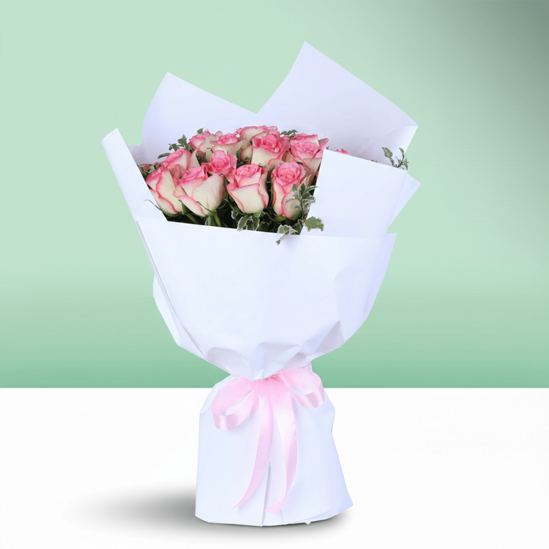 Blush Pink 20 Rose Bouquet arranged with 20 pink roses with fresh greenery