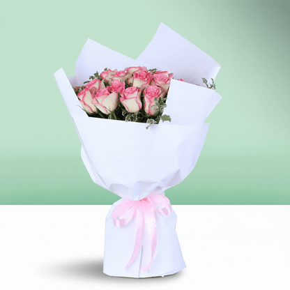 Blush Pink 20 Rose Bouquet arranged with 20 pink roses with fresh greenery