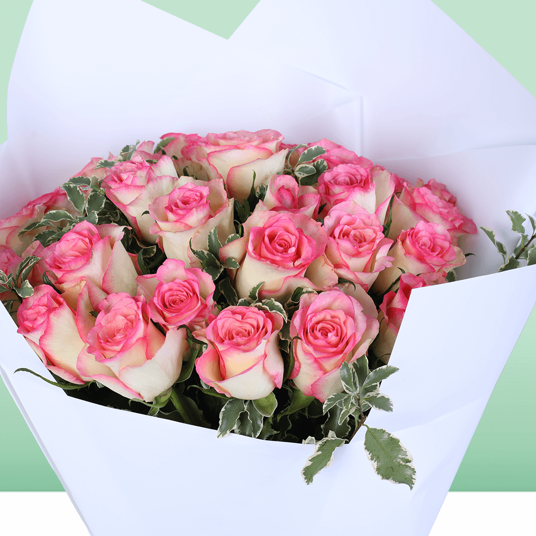 Blush Pink 20 Rose Bouquet arranged with 20 pink roses with fresh greenery