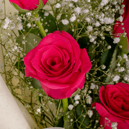 A bouquet of pink roses and gypsophila in layered cream wrapping, finished with a brown ribbon.
