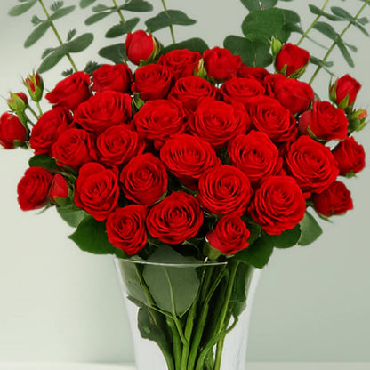 Red Roses in Glass Vase arranged with 20 red roses and eucalyptus