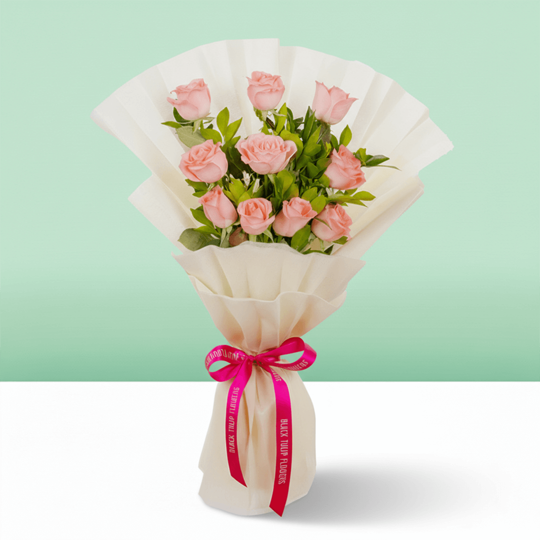Blush Pink Rose Bouquet arranged with 10 pink roses with fresh green leaves