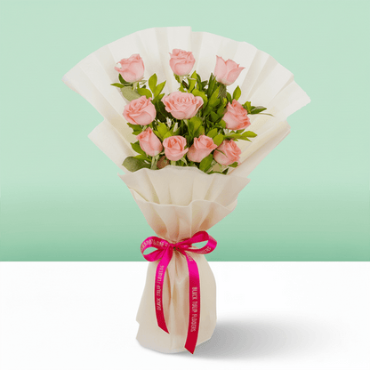 Blush Pink Rose Bouquet arranged with 10 pink roses with fresh green leaves