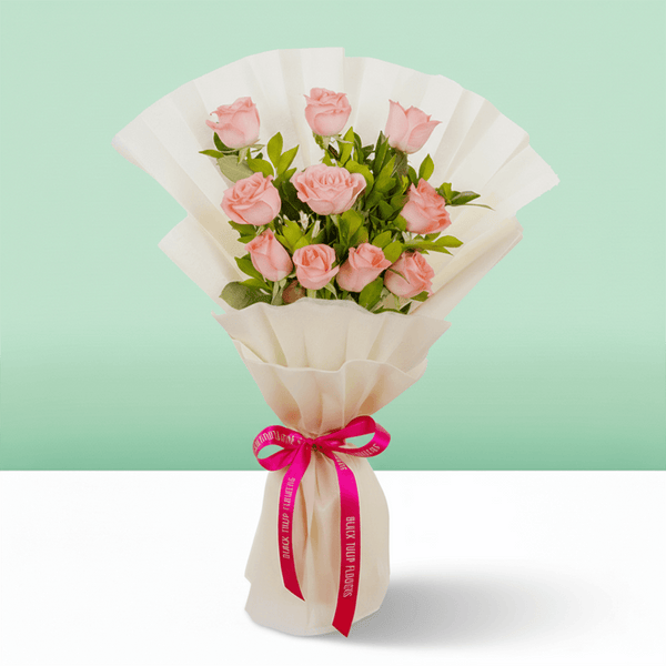 Blush Pink Rose Bouquet arranged with 10 pink roses with fresh green leaves