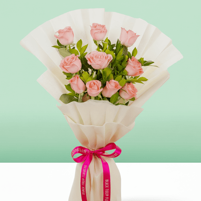 Blush Pink Rose Bouquet arranged with 10 pink roses with fresh green leaves