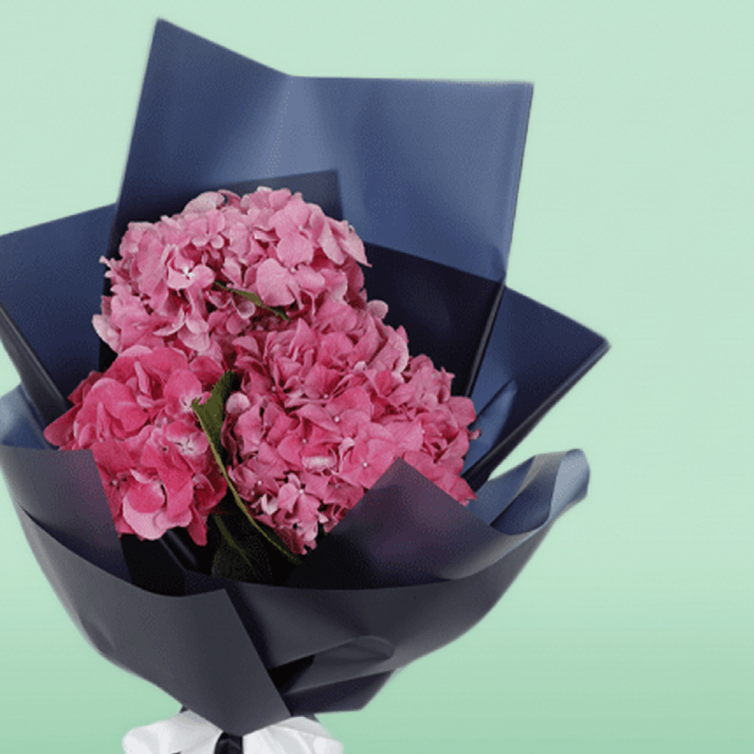 Dark pink hydrangea bouquet wrapped in navy non-woven paper with a white ribbon
