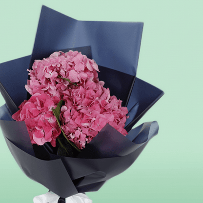Dark pink hydrangea bouquet wrapped in navy non-woven paper with a white ribbon
