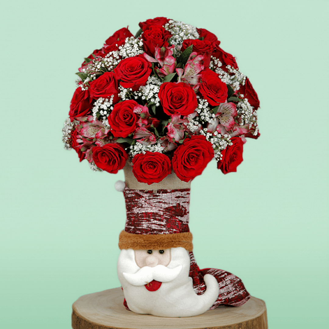 Bunch of Red Rose & Alstroemeria in Santa Claus Socks - Image 1