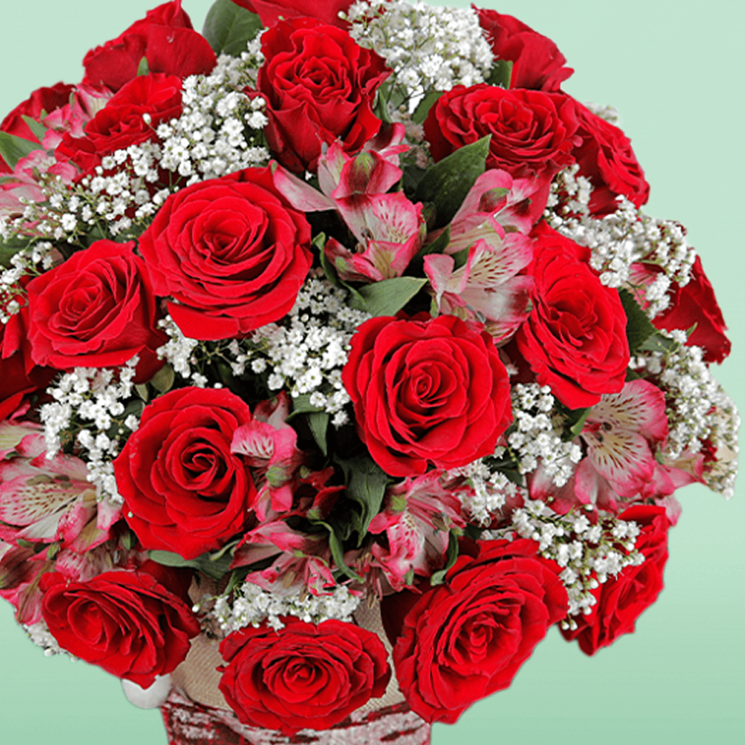 Bunch of Red Rose & Alstroemeria in Santa Claus Socks - Image 3