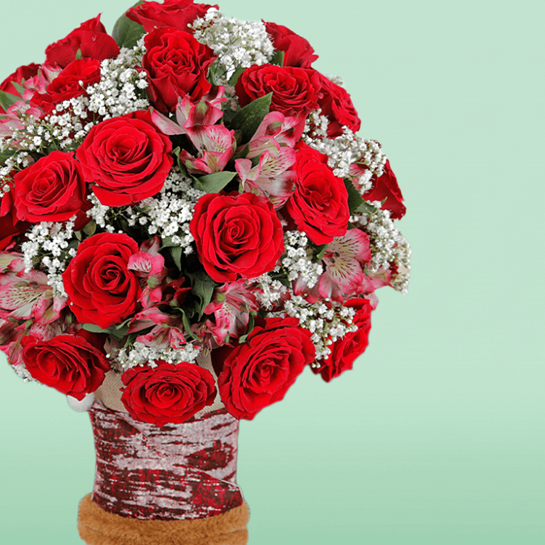 Bunch of Red Rose & Alstroemeria in Santa Claus Socks - Image 2