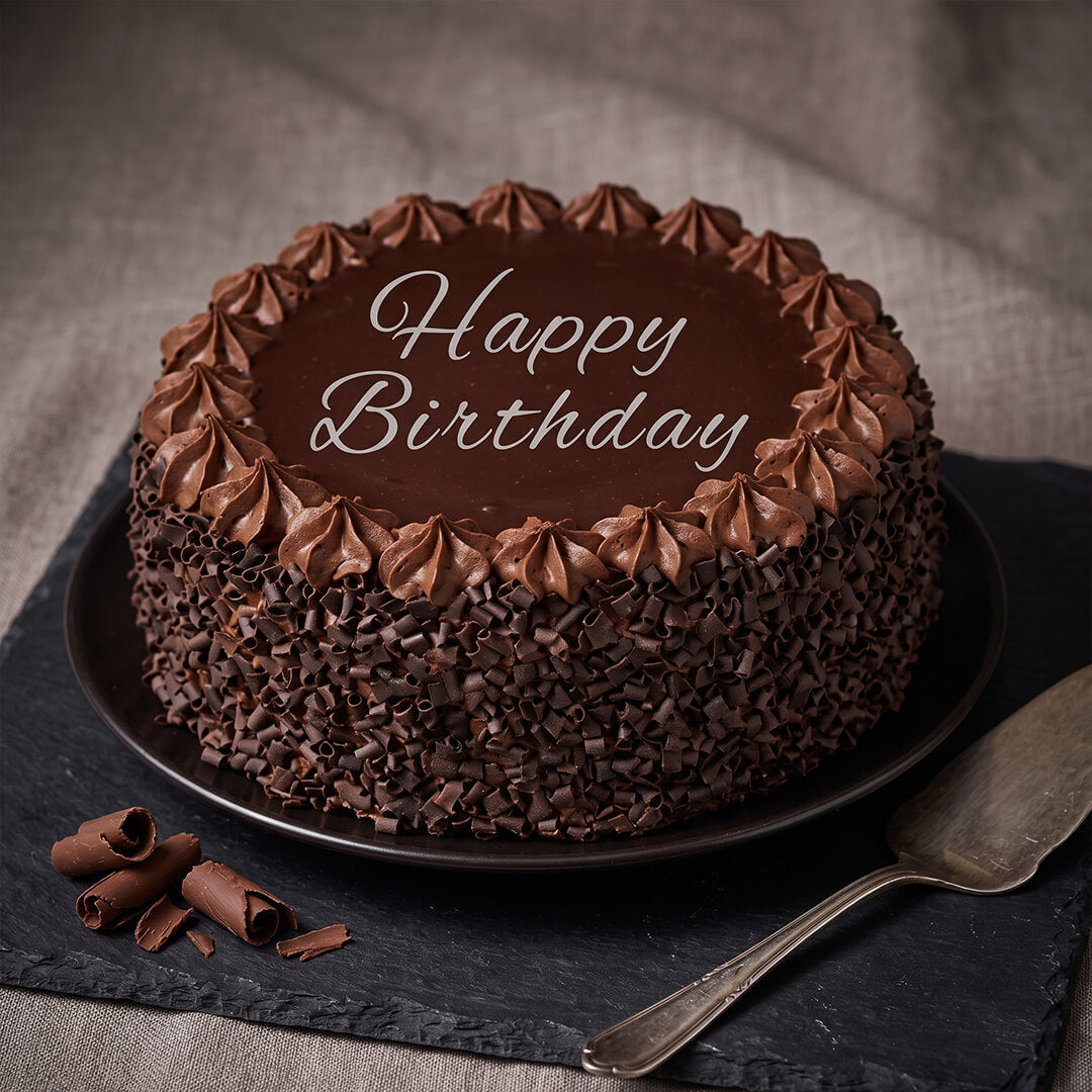 Chocolate truffle cake featuring smooth chocolate ganache, piped frosting, fresh berries and decorative chocolate pieces.