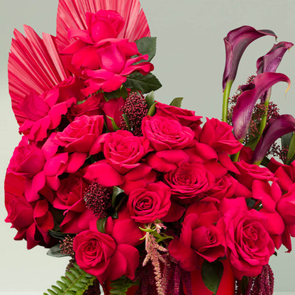 Crimson Rose Amaranthus Box flower arrangement with fresh red amaranthus stems.