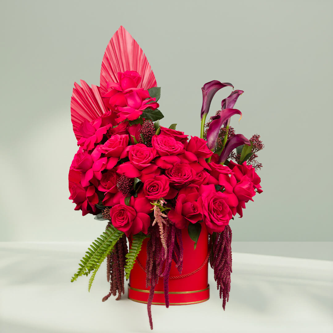 Crimson Rose Amaranthus Box flower arrangement with fresh red amaranthus stems.