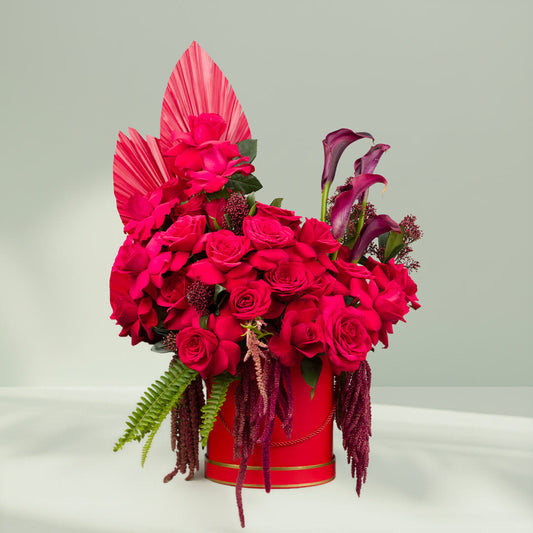 Crimson Rose Amaranthus Box flower arrangement with fresh red amaranthus stems.