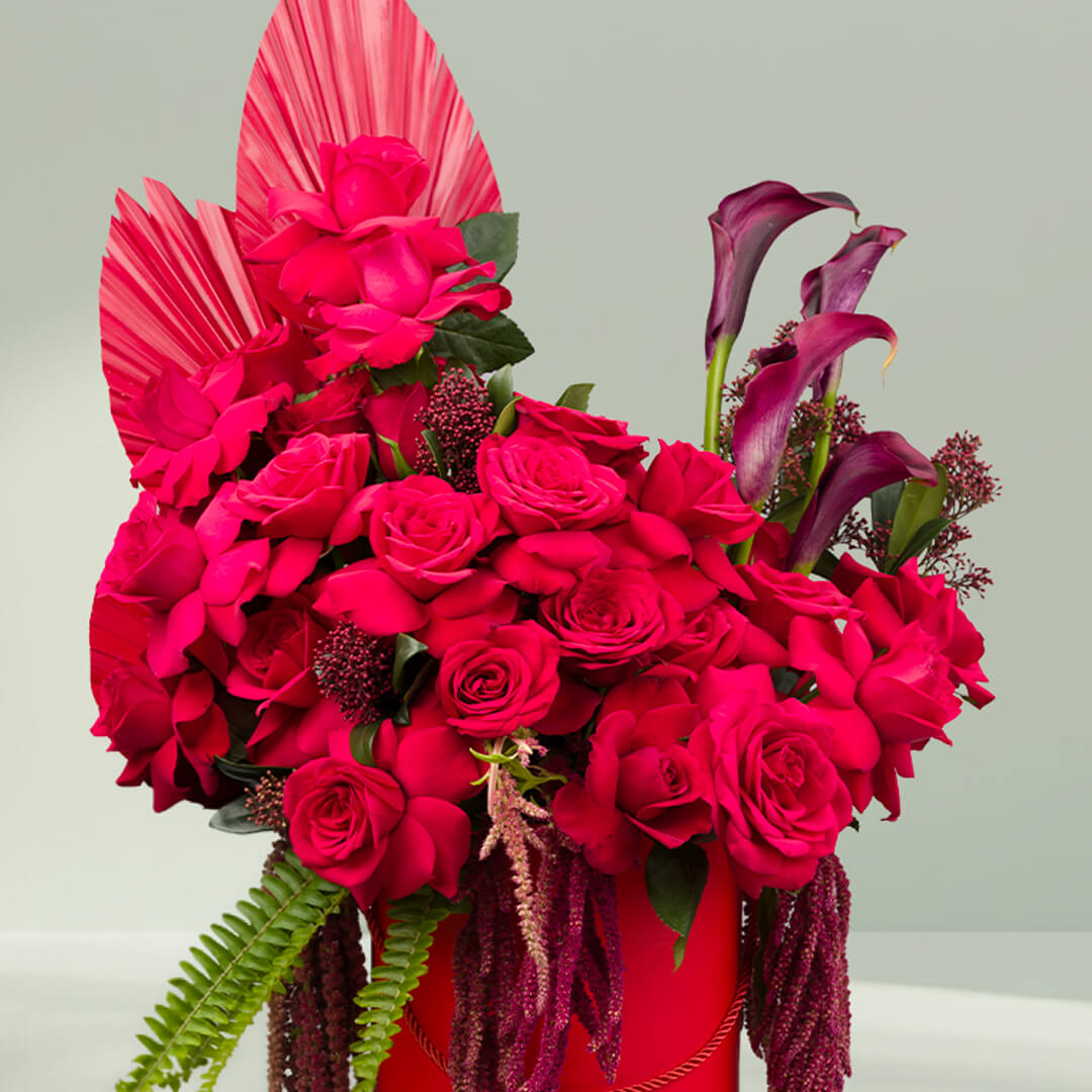 Crimson Rose Amaranthus Box flower arrangement with fresh red amaranthus stems.