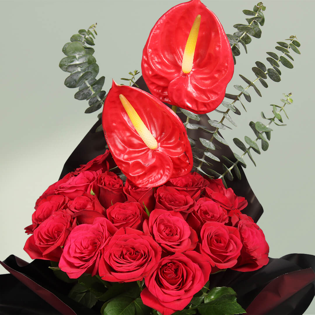 Red Rose and Anthurium Bouquet Wrapped in Korean Style