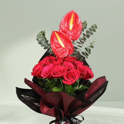 Red Rose and Anthurium Bouquet Wrapped in Korean Style