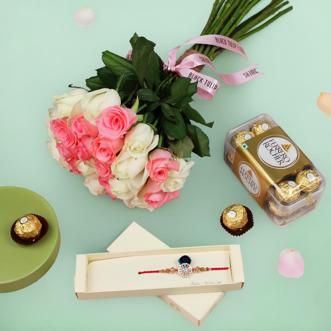 Elegant Blossom and Delight Rakhi Combo with Flowers and Rakhi Gift Hamper