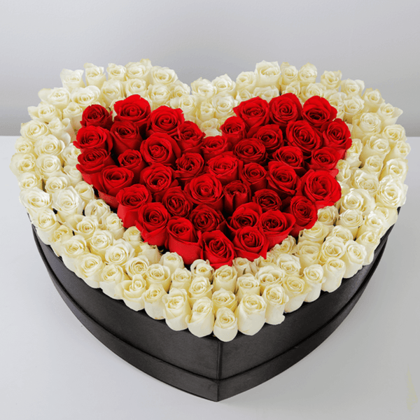 Red roses arranged in a heart shape with a white rose border inside a large black heart box