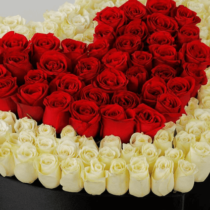 Red roses arranged in a heart shape with a white rose border inside a large black heart box