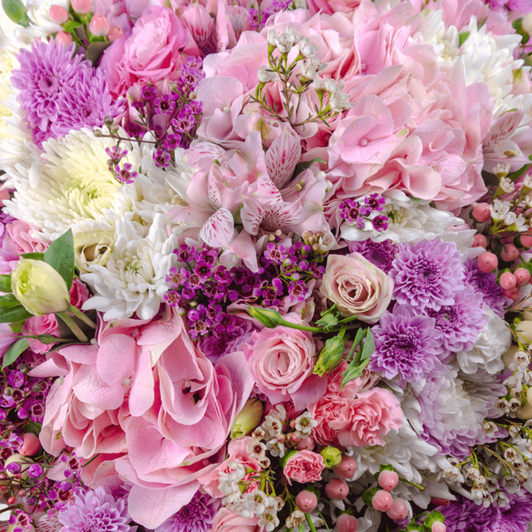 Large 4-foot pastel bouquet with hydrangea, Eustoma, chrysanthemums, spray roses and fillers in purple Korean wrapping