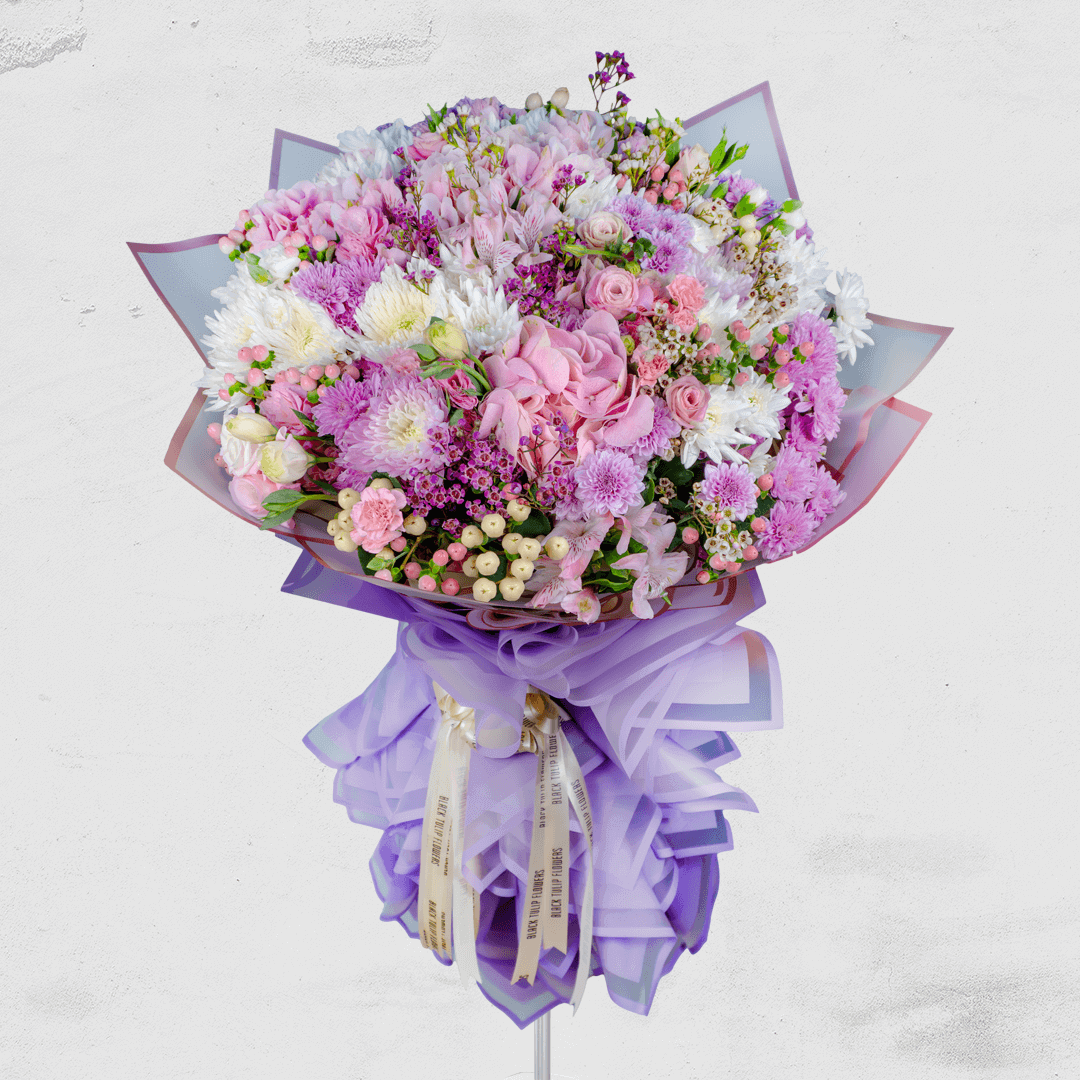 Large 4-foot pastel bouquet with hydrangea, Eustoma, chrysanthemums, spray roses and fillers in purple Korean wrapping