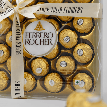 Gift box featuring 24 Ferrero Rocher chocolates, finished with a Black Tulip Flowers ribbon.