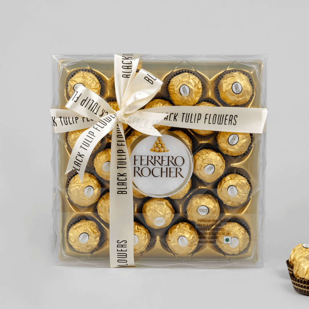 Gift box featuring 24 Ferrero Rocher chocolates, finished with a Black Tulip Flowers ribbon.