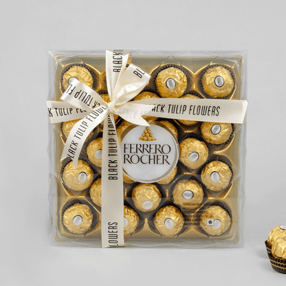 Gift box featuring 24 Ferrero Rocher chocolates, finished with a Black Tulip Flowers ribbon.