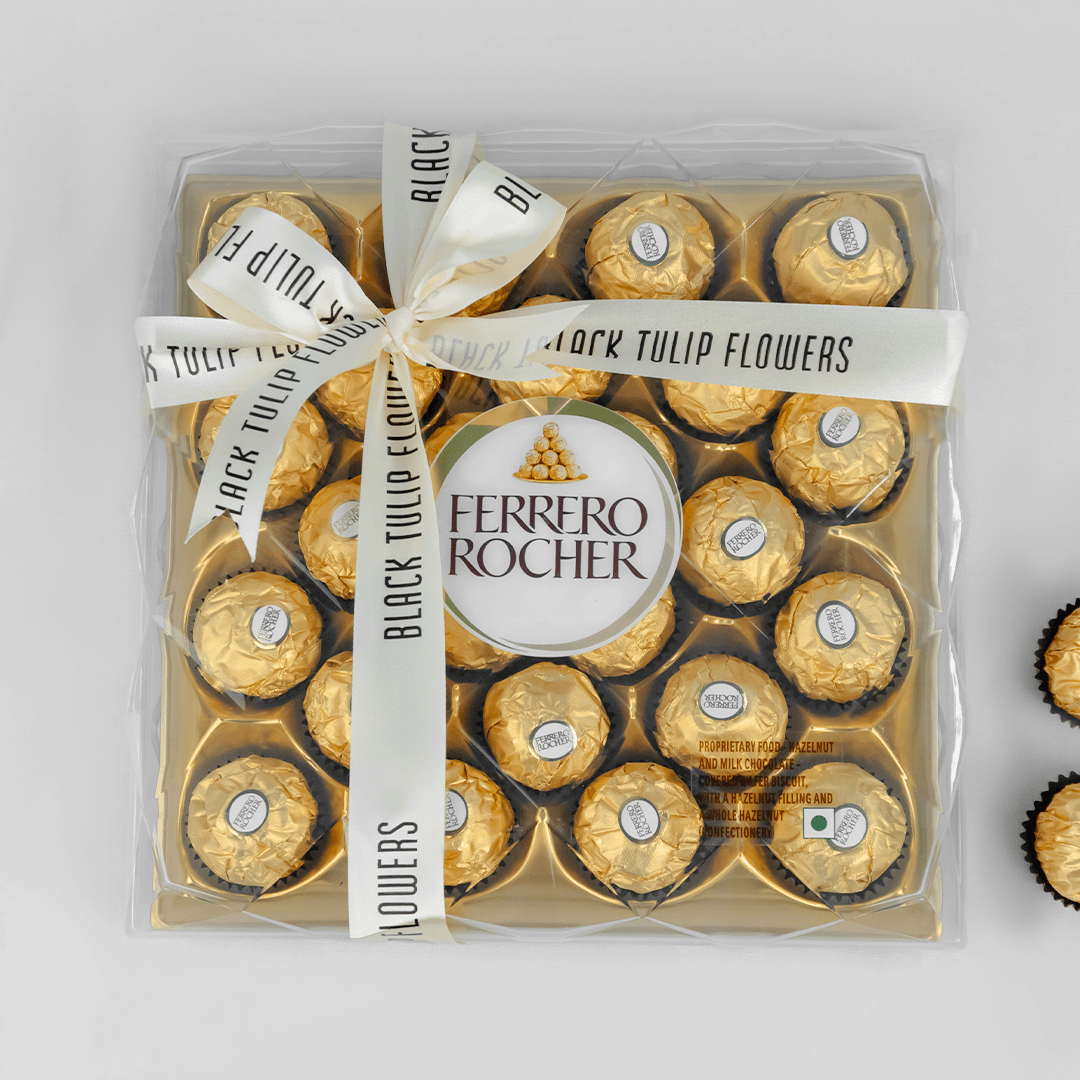 Gift box featuring 24 Ferrero Rocher chocolates, finished with a Black Tulip Flowers ribbon.