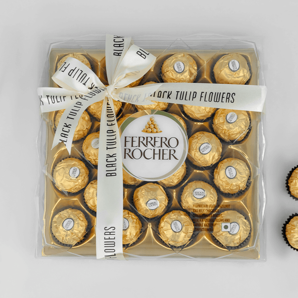 Gift box featuring 24 Ferrero Rocher chocolates, finished with a Black Tulip Flowers ribbon.