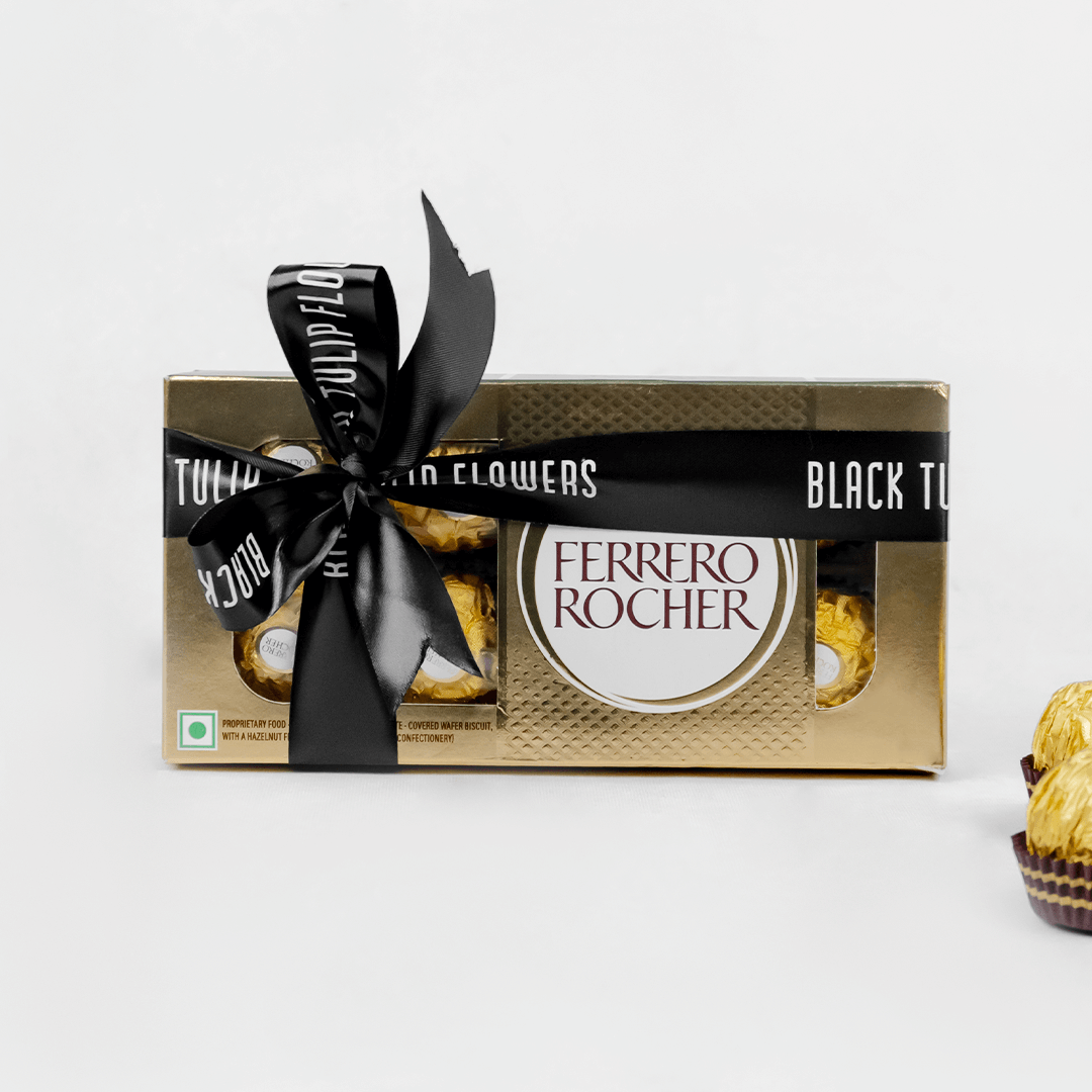 Gift box containing 8 Ferrero Rocher chocolates finished with a black ribbon.
