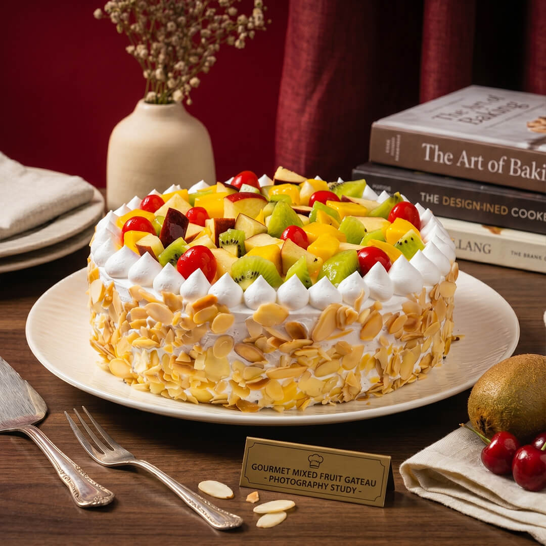 Fresh fruit cake topped with dragon fruit, mango, kiwi, grapes, strawberries and whipped cream, finished with almond flakes.