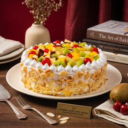 Fresh fruit cake topped with dragon fruit, mango, kiwi, grapes, strawberries and whipped cream, finished with almond flakes.