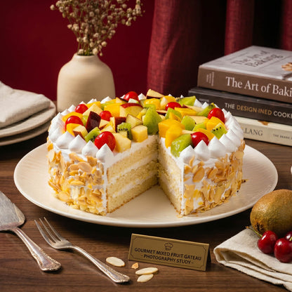 Fresh fruit cake topped with dragon fruit, mango, kiwi, grapes, strawberries and whipped cream, finished with almond flakes.