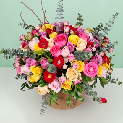 Gemstone Rakhi with Mixed Roses and Ferrero Box