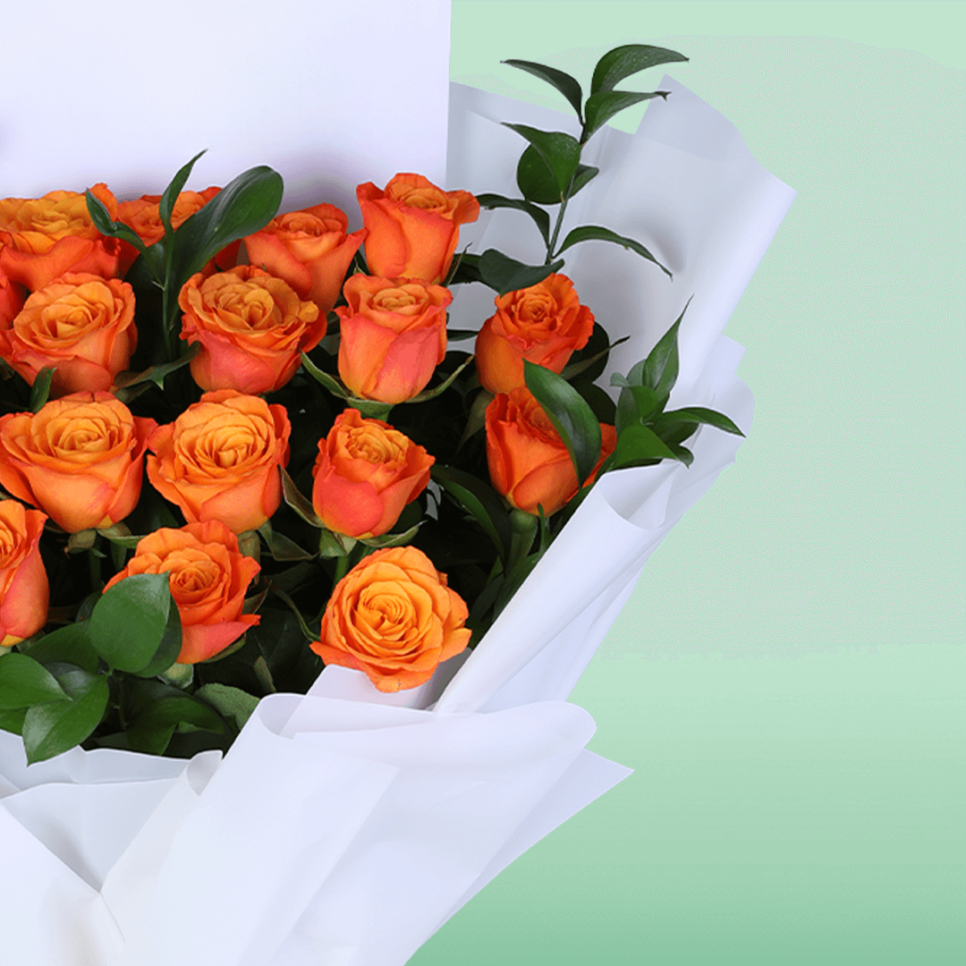 Golden Glow Orange Rose Bouquet arranged with orange roses with fresh fillers