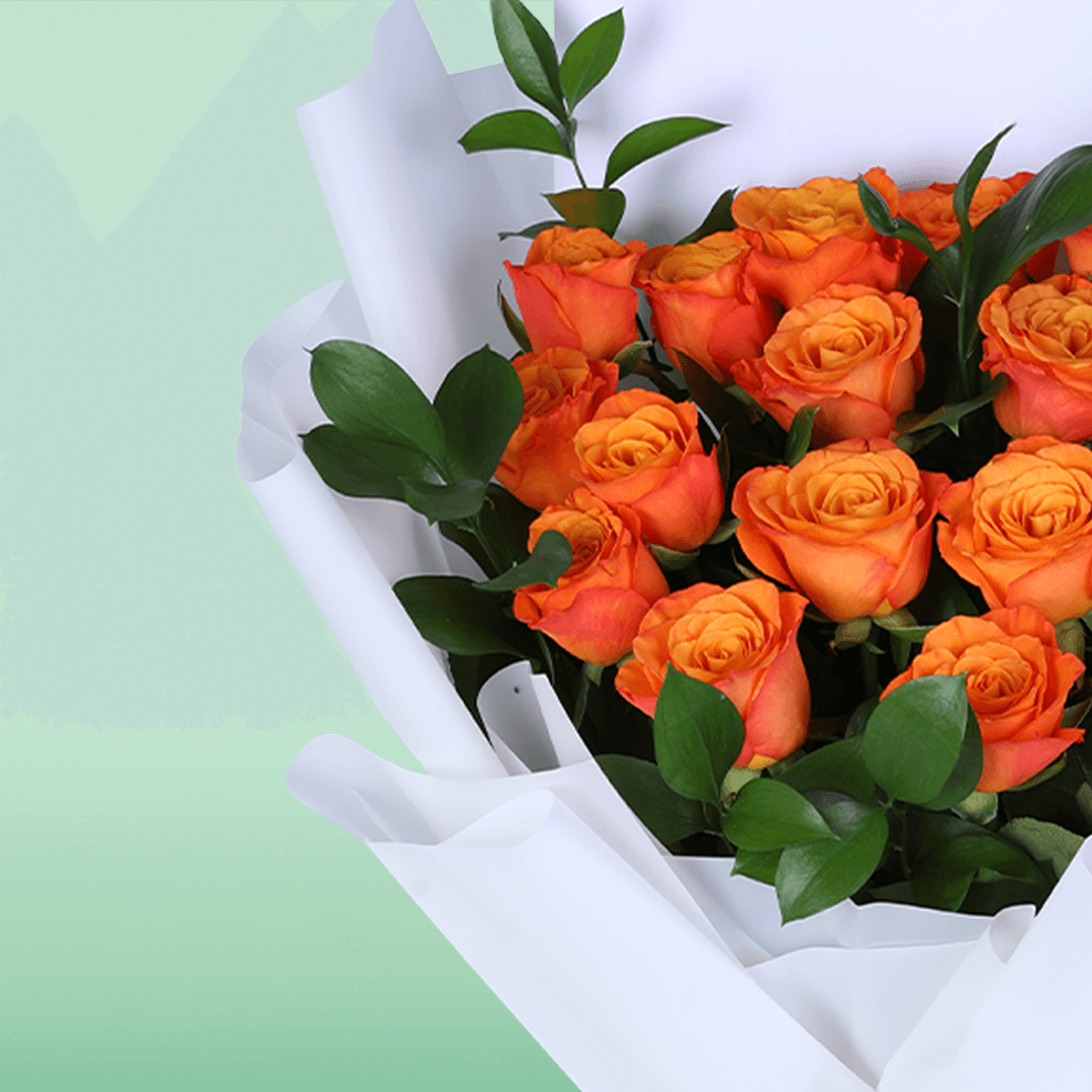 Golden Glow Orange Rose Bouquet arranged with orange roses with fresh fillers