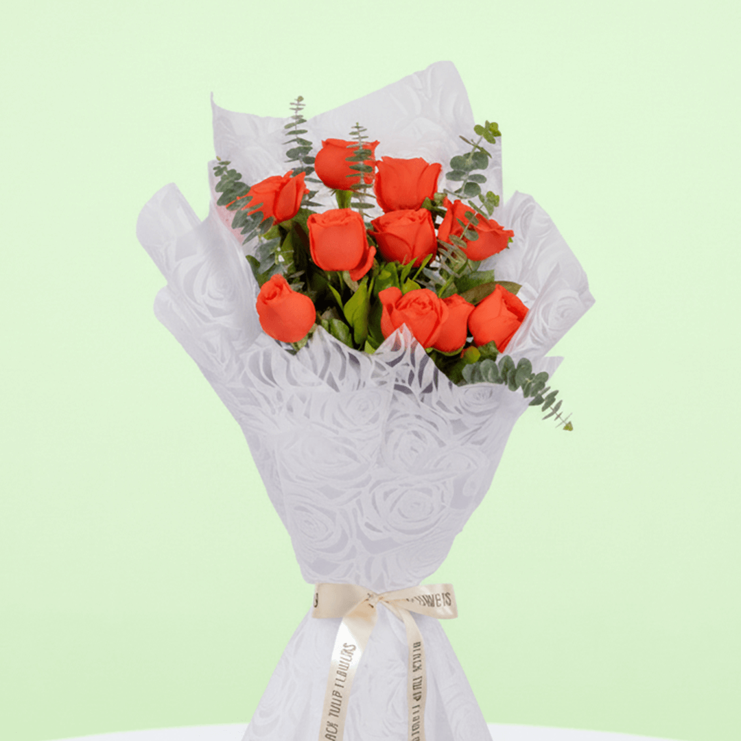 Orange Roses Bouquet arranged with 10 orange roses and eucalyptus