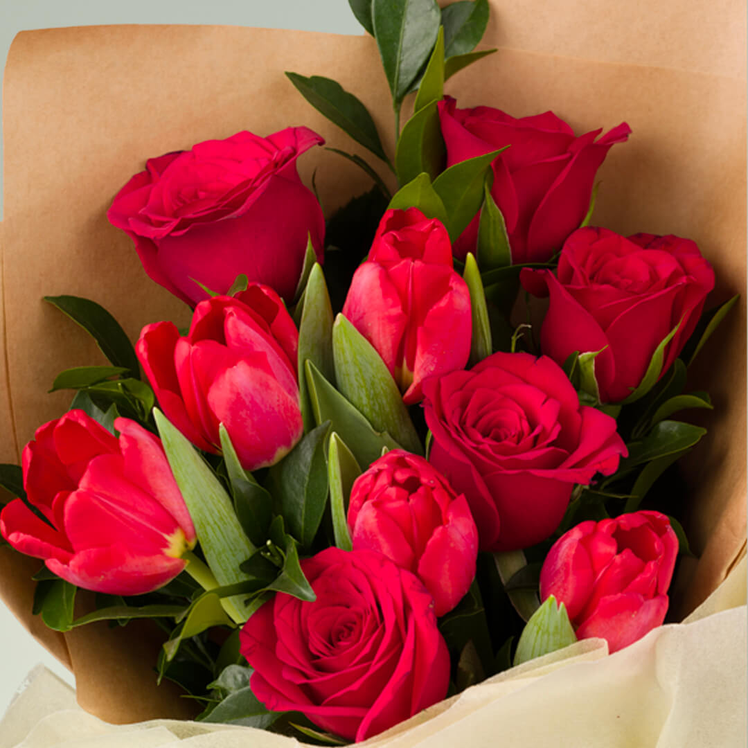 Golden Years red tulips and roses flower bouquet