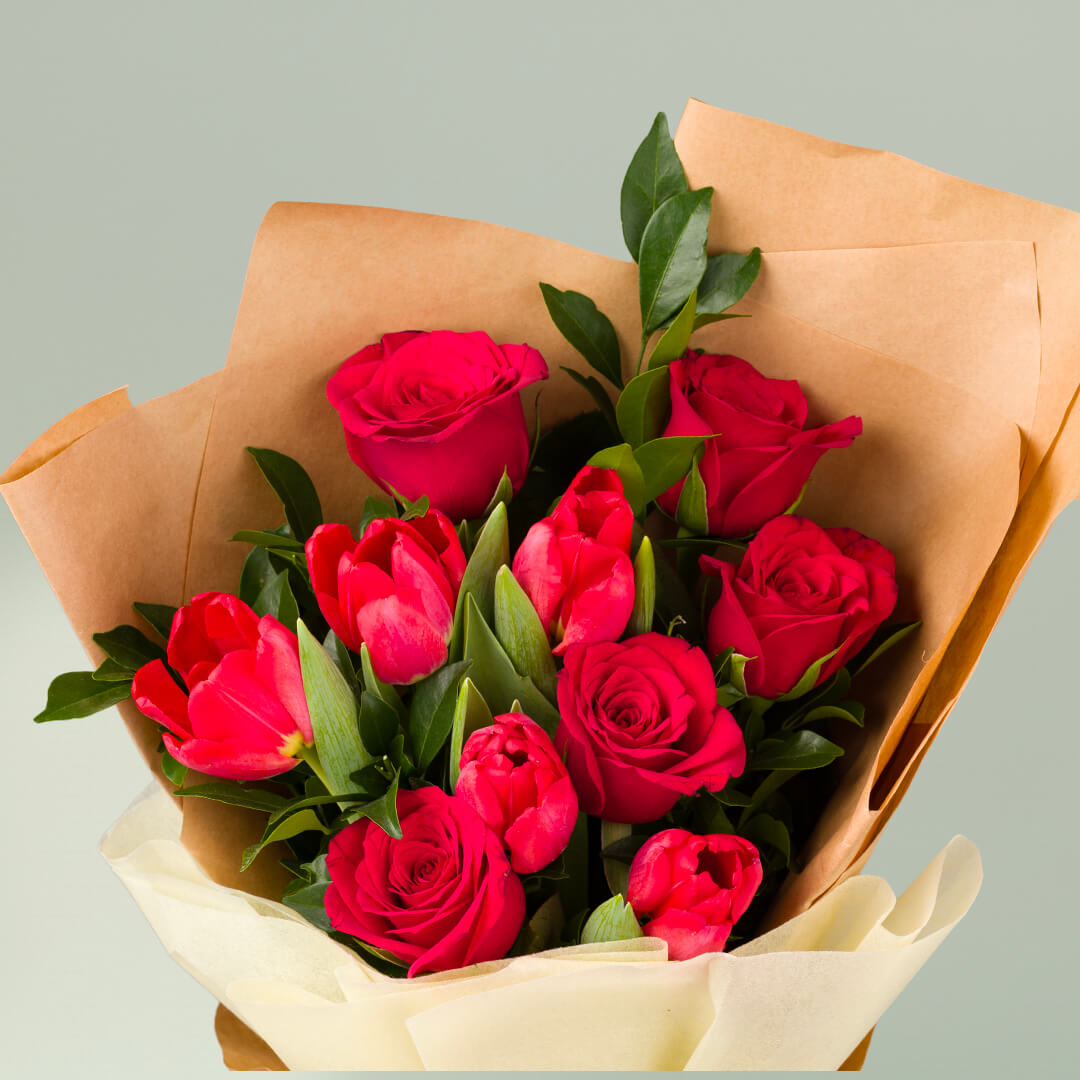 Golden Years red tulips and roses flower bouquet