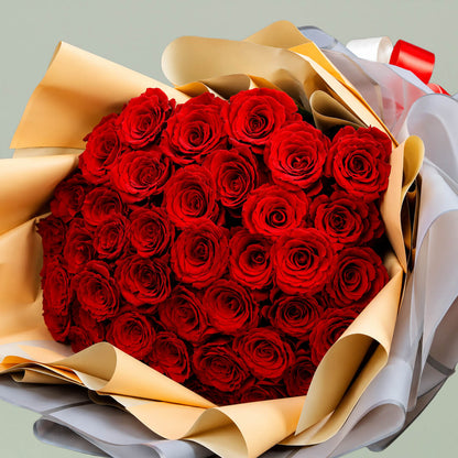 40 red roses arranged in peach, grey and white layered non-woven wrapping