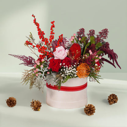 Harmony Bloom assorted flower bouquet with Pincushion, Protea Queen, Ilex, Astilbe, Skimmia, Amaranthus, Dusty Miller, pink berries and Wax flowers – 25 to 30 stems.