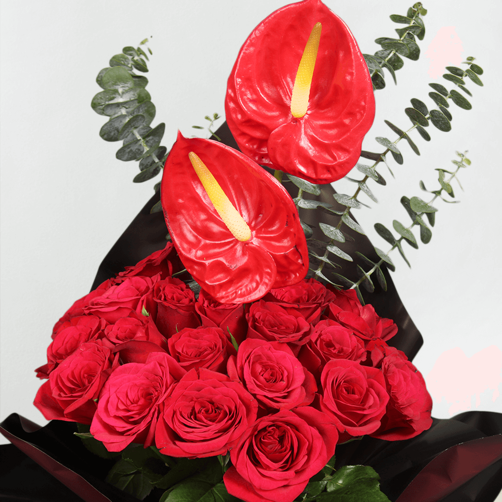 Red roses and anthuriums with eucalyptus greenery wrapped in black Korean-style flower wrapping sheets
