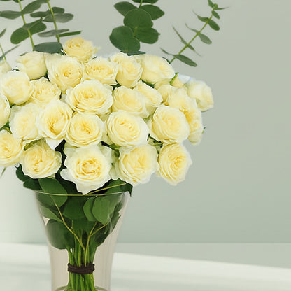White Roses with Eucalyptus Vase arranged with 20 white roses and eucalyptus