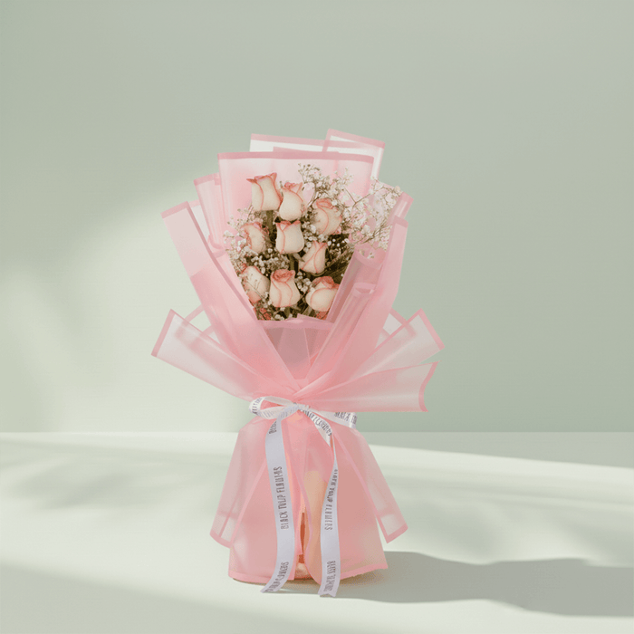 8 Stem Pink Roses & Gypso