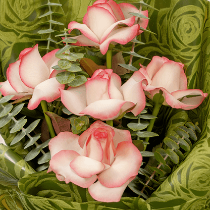 5 light pink roses bouquet with eucalyptus in green wrapping