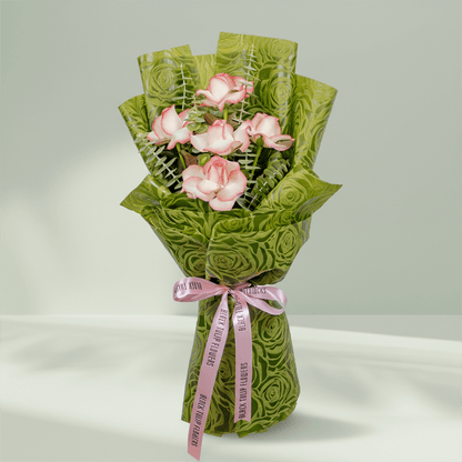 5 light pink roses bouquet with eucalyptus in green wrapping