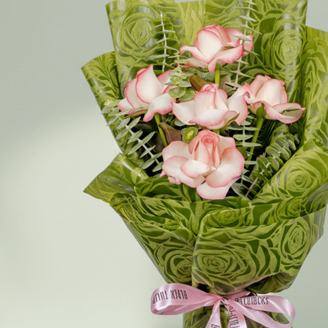 5 light pink roses bouquet with eucalyptus in green wrapping
