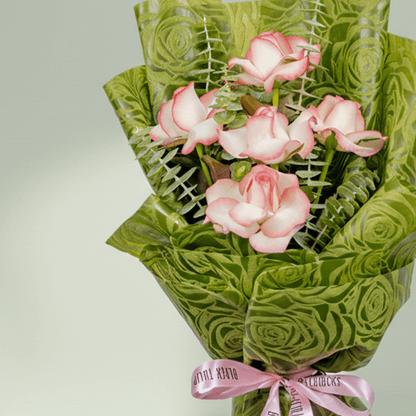 5 light pink roses bouquet with eucalyptus in green wrapping